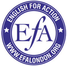 The logo for English for Action London, also known as EFA, showing the letters EFA in blue text in a white circle, surrounded by a blue border in which you can see the text English for Action and the organisation's website